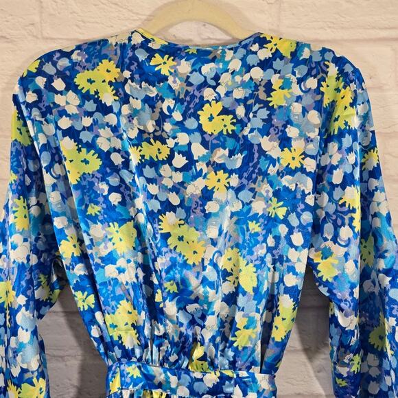 L Oscar De La Renta Pink Label VTG Blue Floral Slip & Robe Set Sze L Satin Bloom - Picture 7 of 16